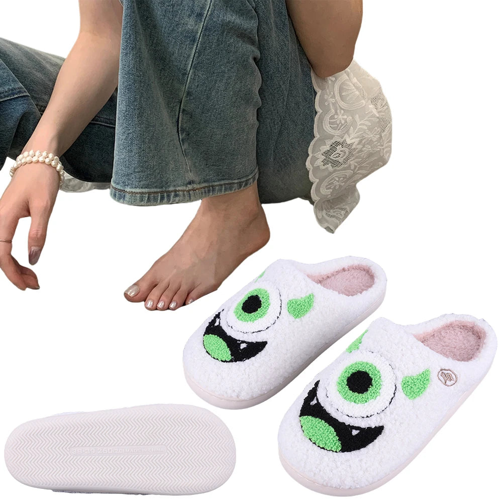 Big Eye Plush Slippers Warm Slip-on House Shoes Comfortable Fuzzy Closed Toe Slippers Soft Furry Slippers for Indoor Bedroom