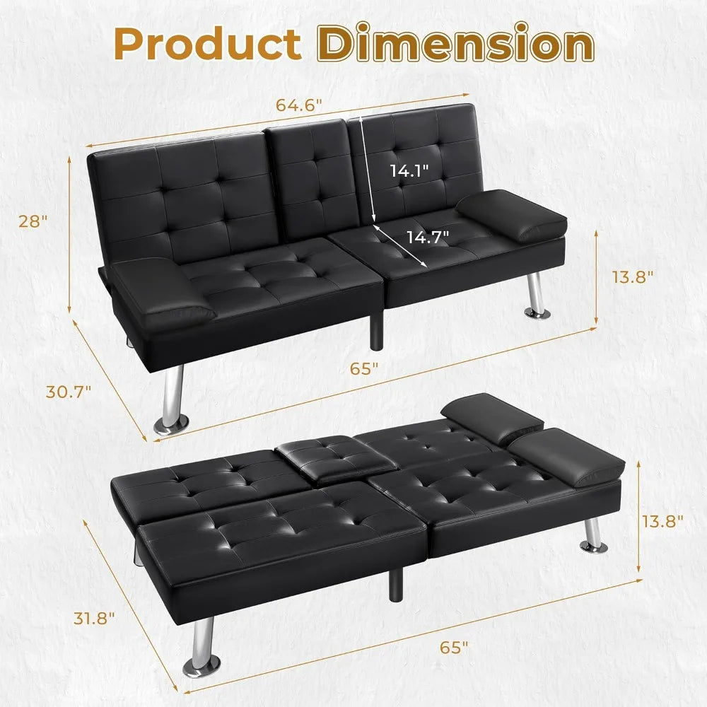 VICTONE Futon Sofa Bed Modern Faux Leather Couch Bed Convertible Folding Recliner for Living Room with 2 Cup Holders and Armrest