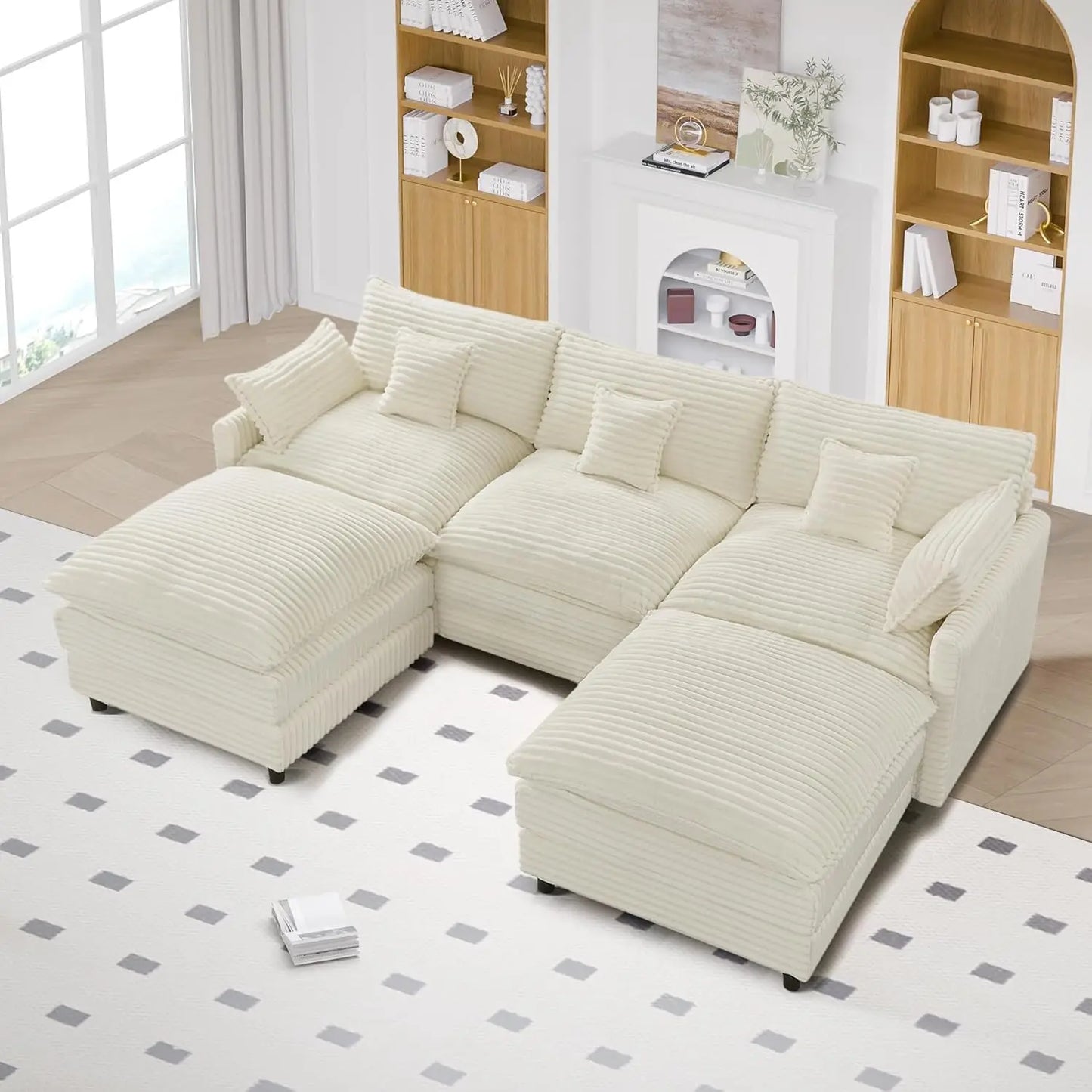 108" Cloud Couch, Modern U-Shaped Modular Sectional Sofa with 2 Ottomans & 5 Lumbar Pillows, 5-Seater Deep Seat, Customized
