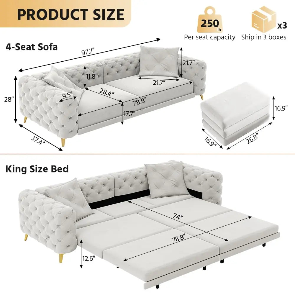 97.7" King Size Sleeper Sofa Bed, 3-in-1 Convertible Pull Out Sleeper Couch with Ottoman, Oversized, Customized