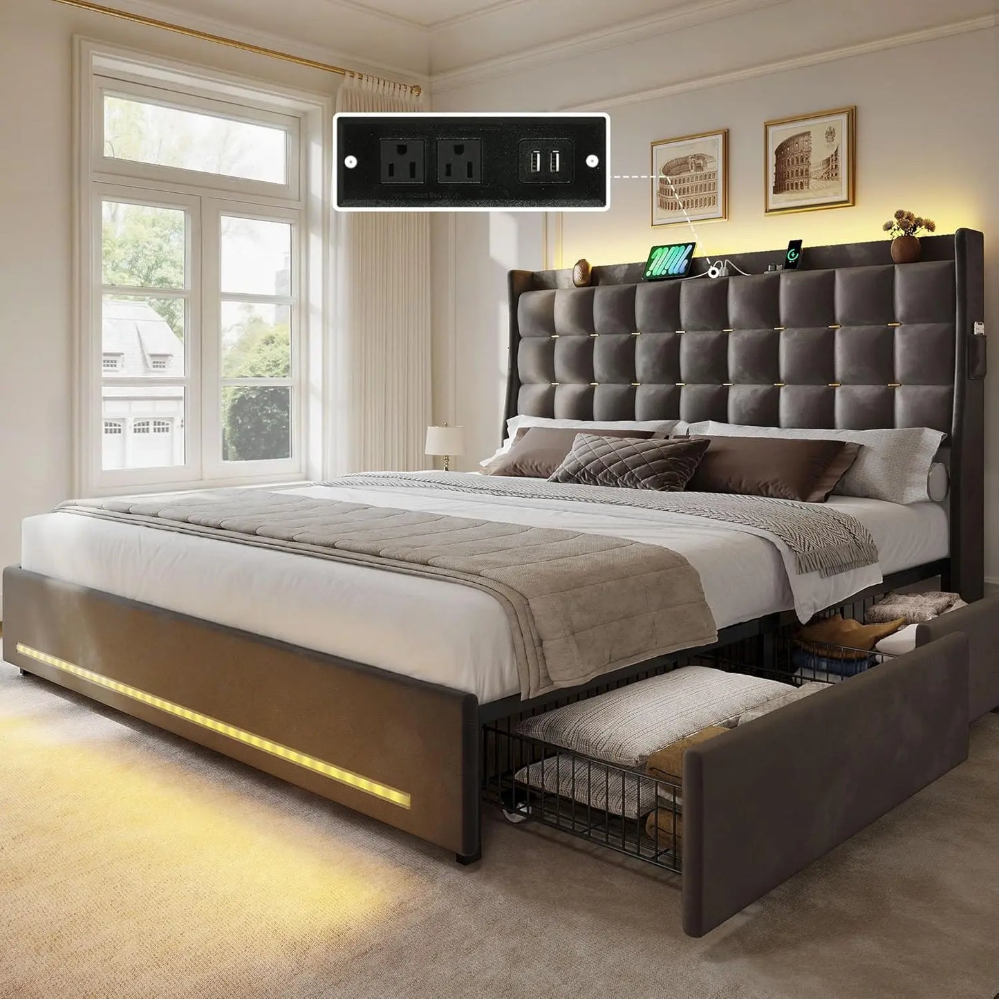 Queen/king Bed Frame with LED Lights 4 Drawers, No Box Spring Needed, Easy Assembly, Velvet Upholstered Platform Bed