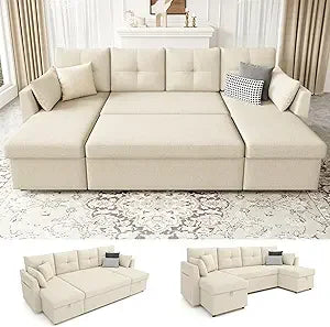 Oversized Sleeper Sofa Couch, 110 inch 2 in 1 Pullout Couch Bed with Double Storage Chaise, Sectional Sleeper Sofa Bed with Side