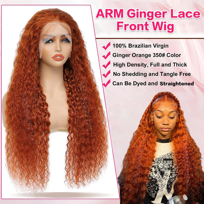 Water Wave Ginger Orange Lace Front Wigs Human Hair 350 Colored Human Hair Wet Wavy Wig for Women Deep Curly Wigs with Baby Hair