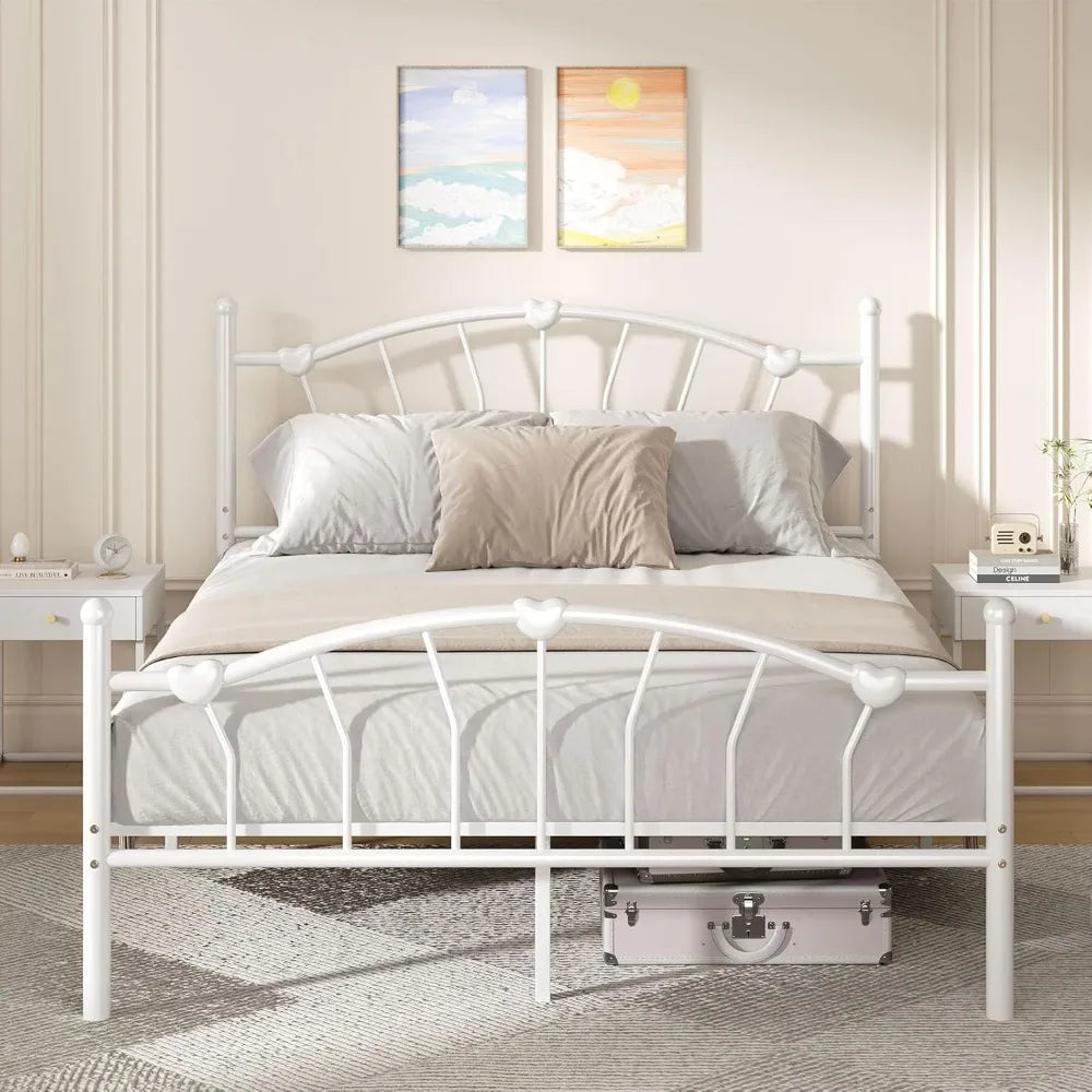 Metal Bed Frame, Bed Frame with Headboard, Heart-Shaped Decorative Headboard and Footboard, Heavy Duty Metal Slat Support