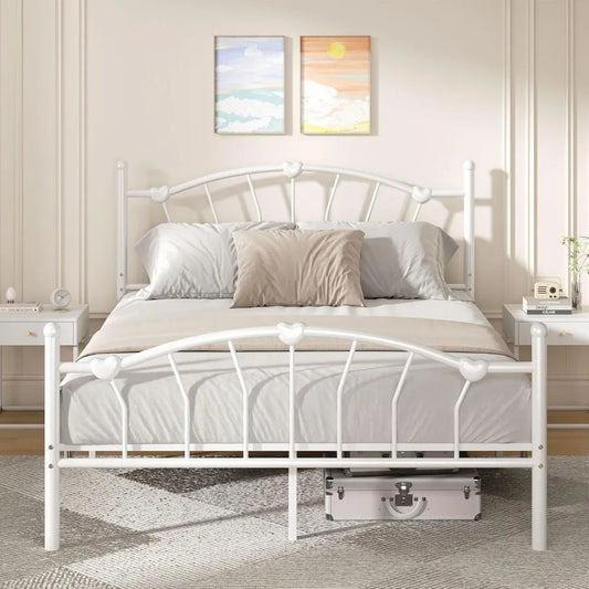 Metal Bed Frame, Bed Frame with Headboard, Heart-Shaped Decorative Headboard and Footboard, Heavy Duty Metal Slat Support
