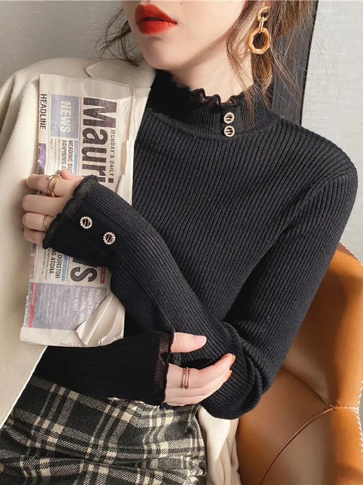 2025 Knitted Women Sweater O-neck Button Pullovers Spring Autumn Basic Sweaters for Female Pullover Slim Solid Bold Lace Tops