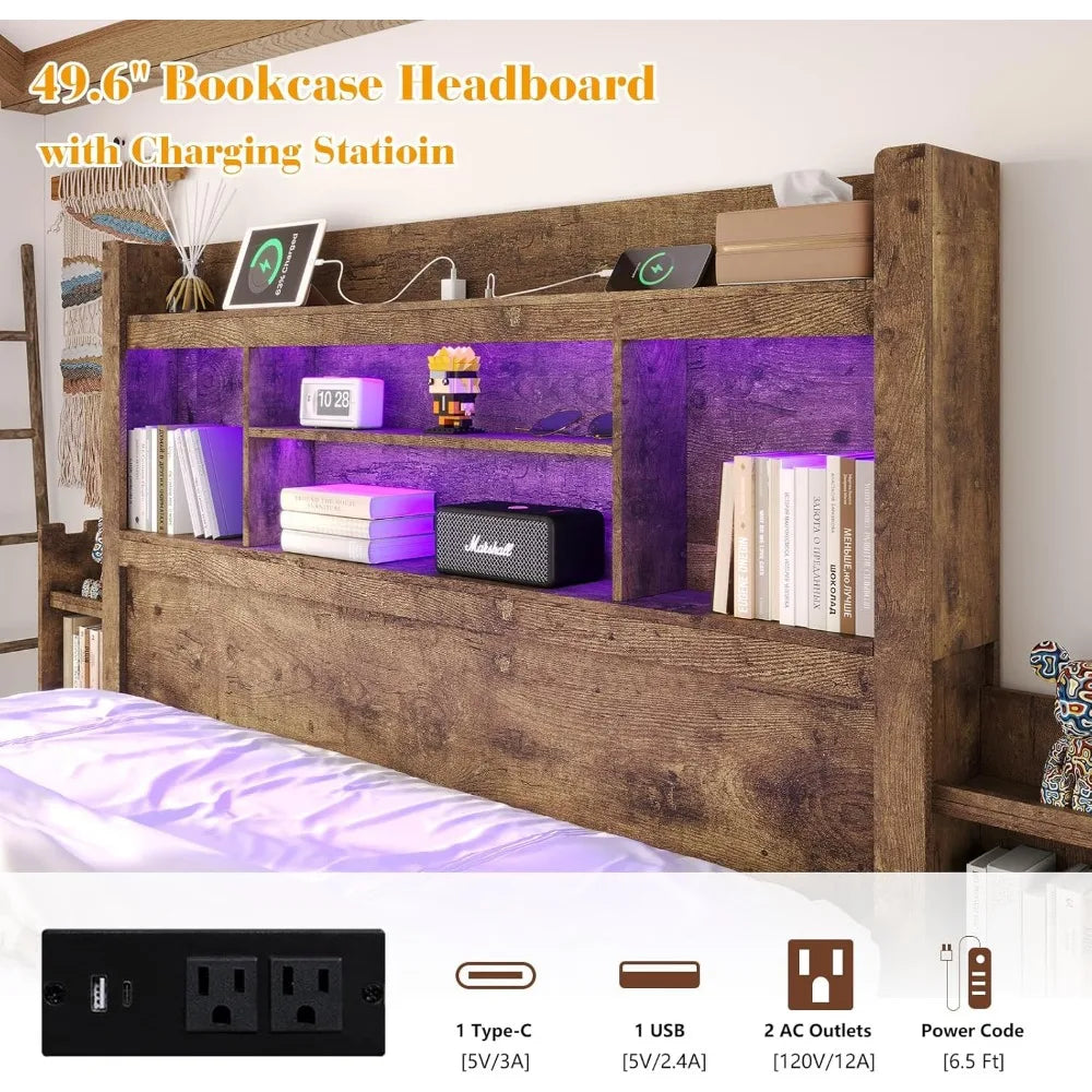 King Bed Frame with 49.6 Bookcase Headboard & 2 Bedside Stoage Racks & 4 Drawers, Farmhouse Wood Bed Frame with RGB LED & Chargi