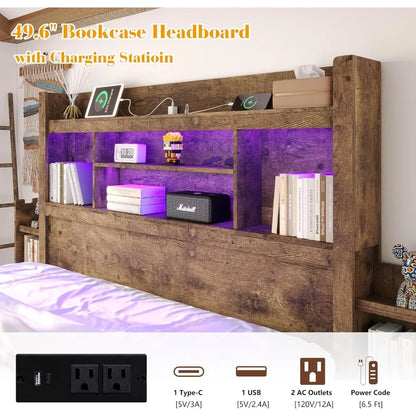 King Bed Frame with 49.6 Bookcase Headboard & 2 Bedside Stoage Racks & 4 Drawers, Farmhouse Wood Bed Frame with RGB LED & Chargi