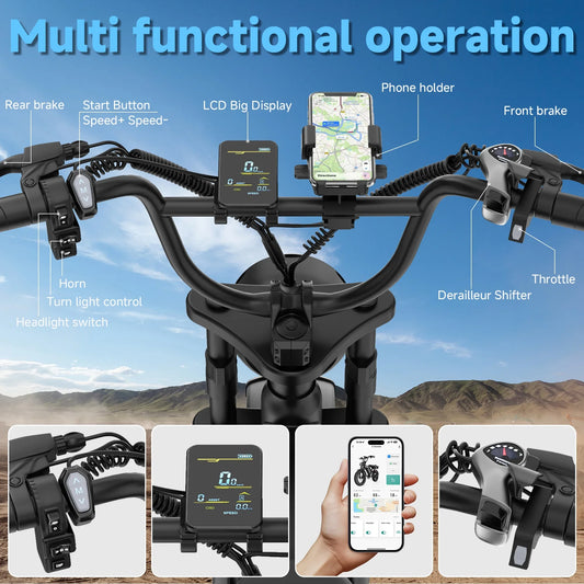 AOVOPRO Electric Bike 1500W Peak 20" Fat Tire 31mph Top Speed 70 Miles Max Range for Road Sand Mountain Snow Electric Motorcycle