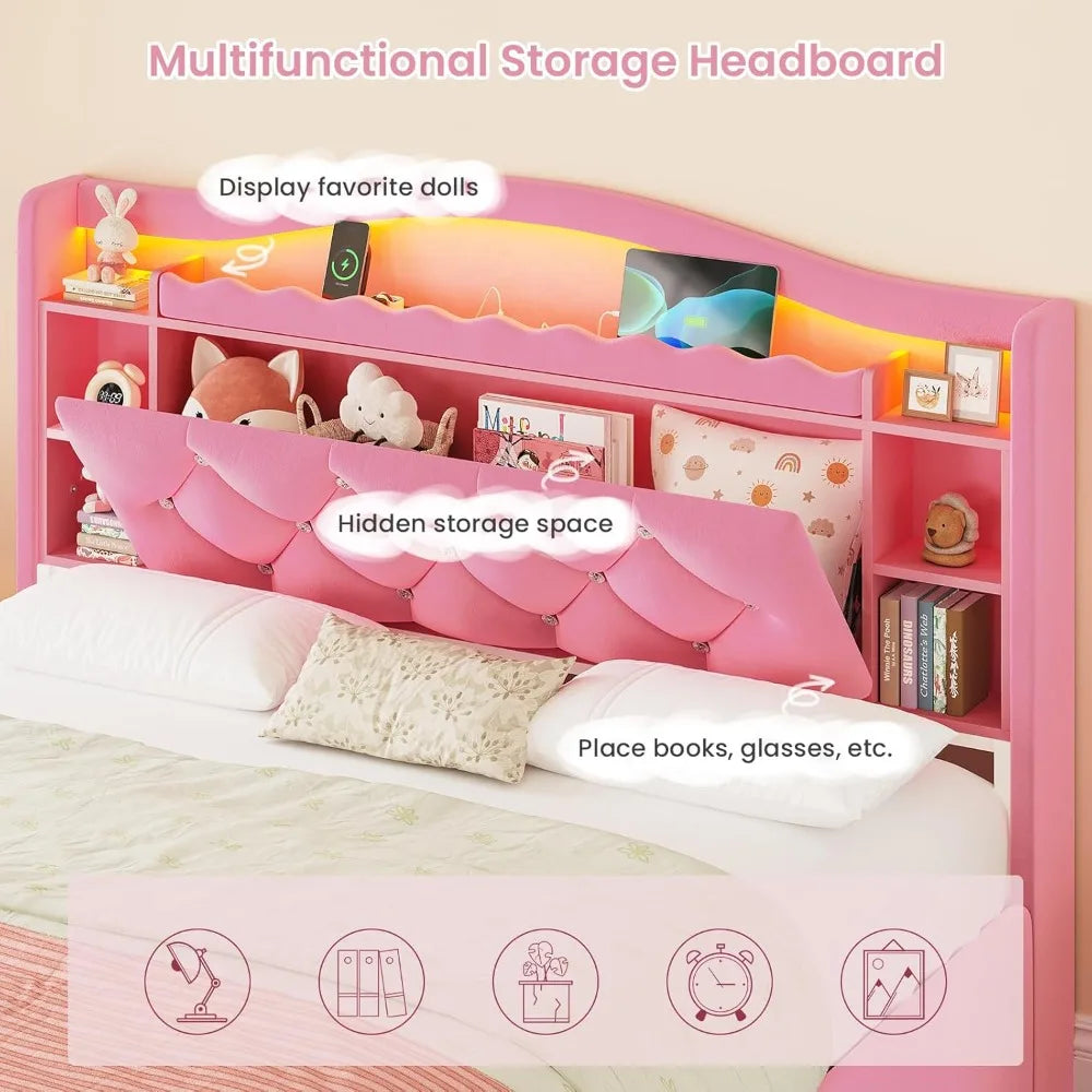 Pink Princess Bed Frame with Storage Drawers, LED Lights & USB Charging - Full Size Girls Platform Bed