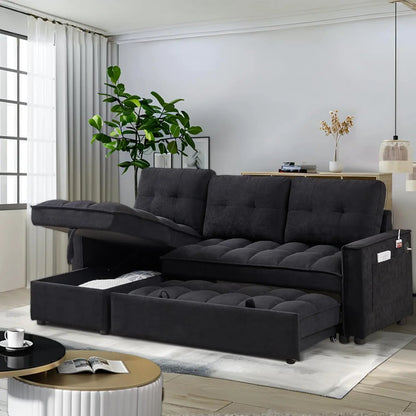 78.75" Sleeper Sofa Couch,Modern L-Shaped Couches, Pull Out Couch with USB Ports&Side Pocket,Sleeper Sectional Sofa for Living