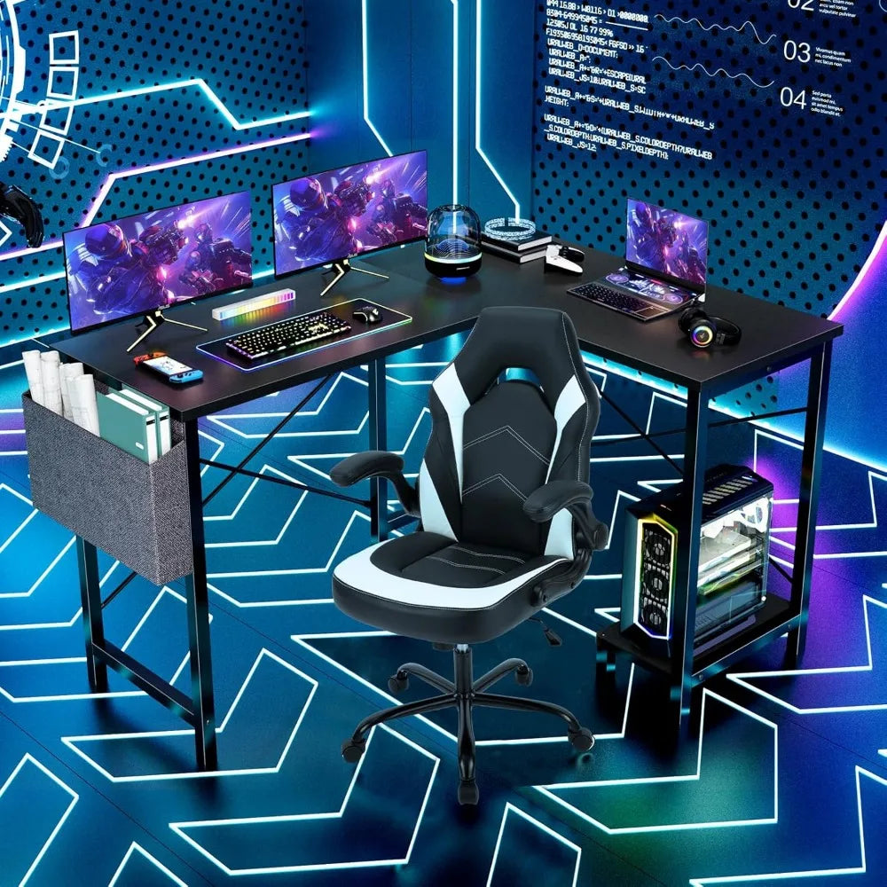 Corner Computer Desk with Gaming and Home Office Features, Including CPU Storage and Side Bag