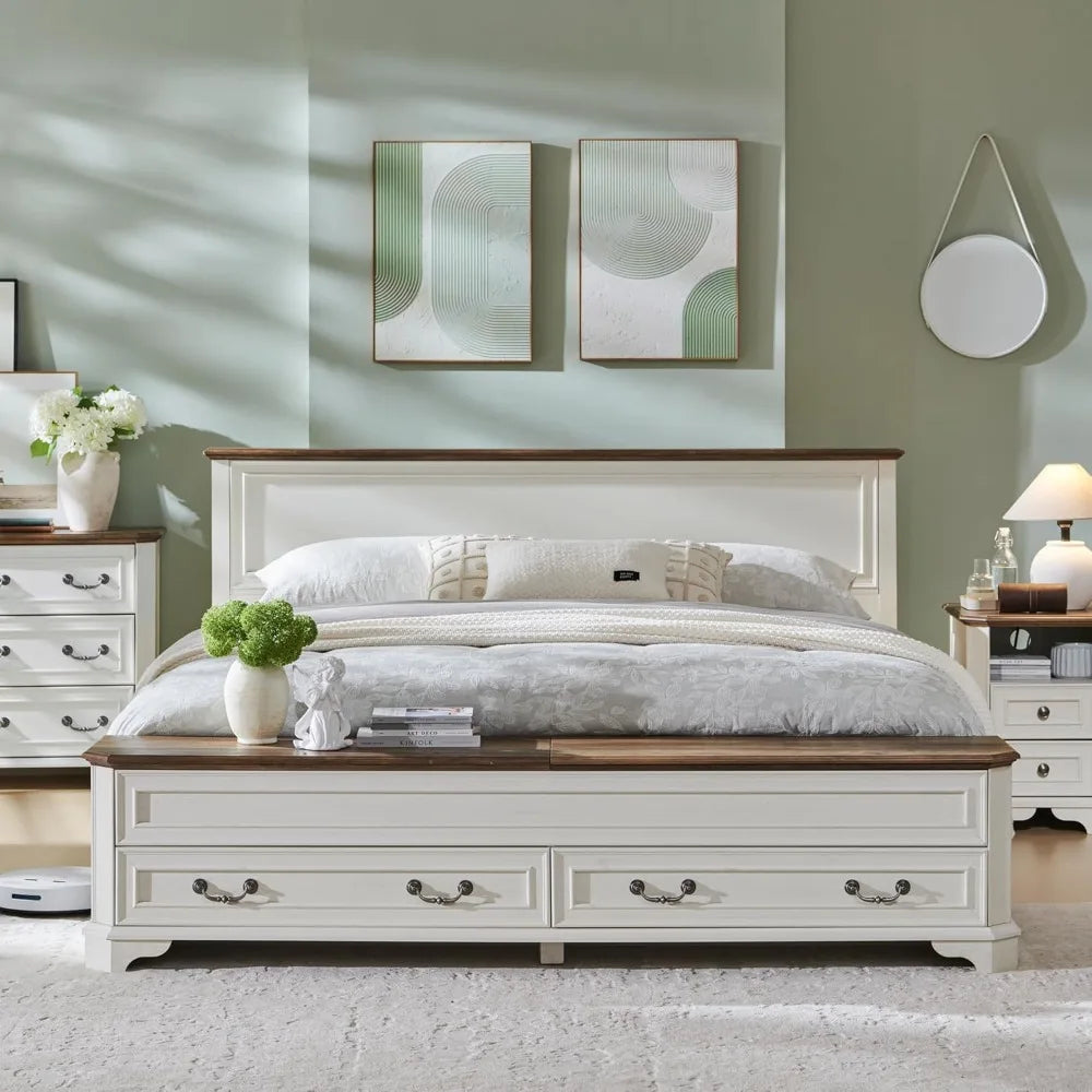 Farmhouse King Bed with Storage Bench and Drawers, Rustic Wood Platform Bed Frame in Antique White