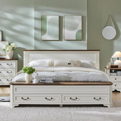 Farmhouse King Bed with Storage Bench and Drawers, Rustic Wood Platform Bed Frame in Antique White