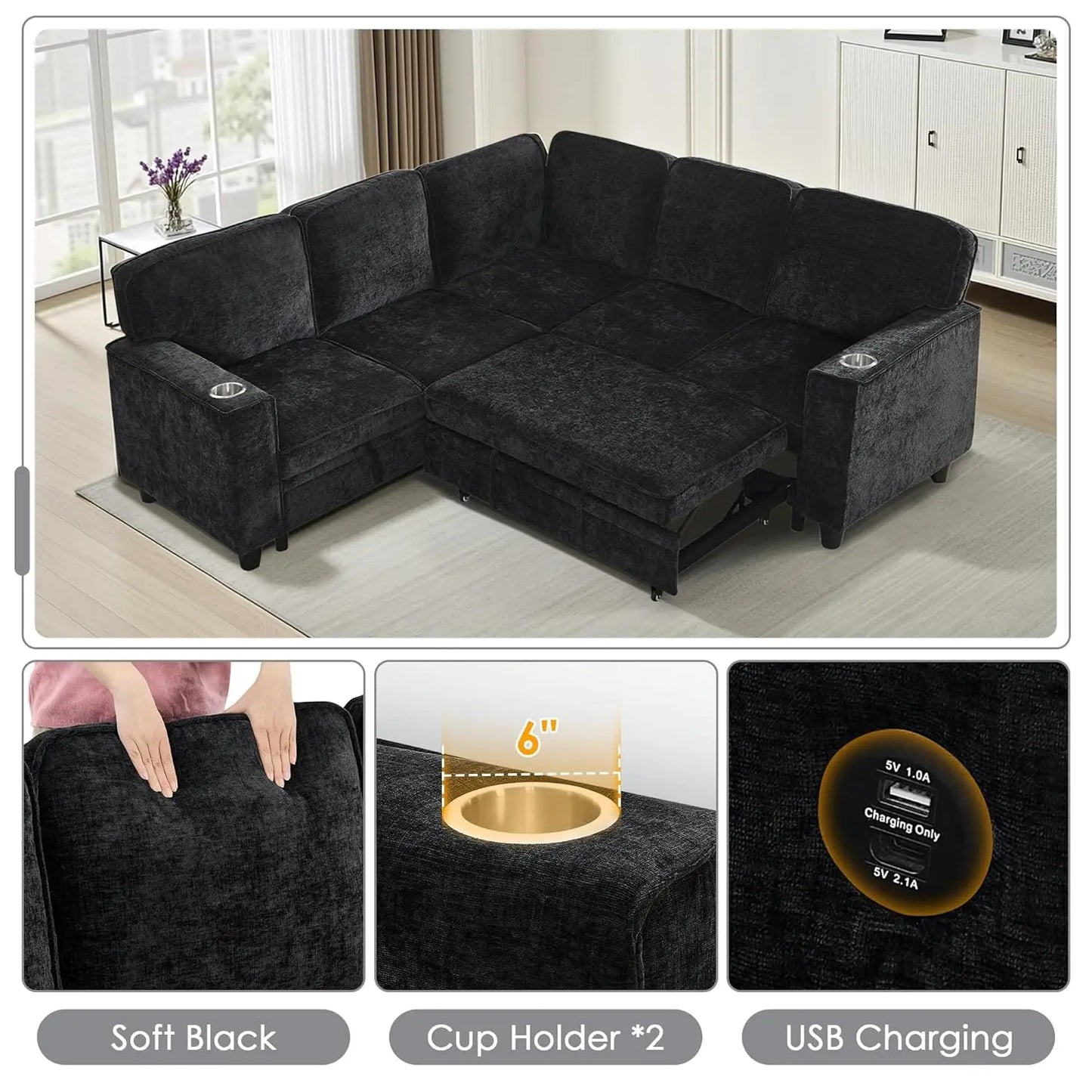 81" Modular Sectional Sofa, Pull Out Couch L Shaped 5-Seater Sectional with Hidden Storage, Cup Holders & USB, Customized