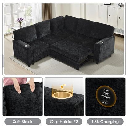 81" Modular Sectional Sofa, Pull Out Couch L Shaped 5-Seater Sectional with Hidden Storage, Cup Holders & USB, Customized