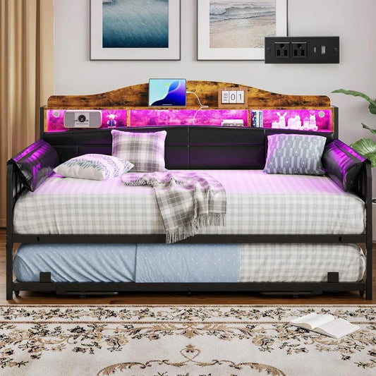 Daybed with Trundle, Twin XL Day Bed with Bookcase Headboard, Bedside Caddy, Charging Station LED Lights, Metal Sofa Bed