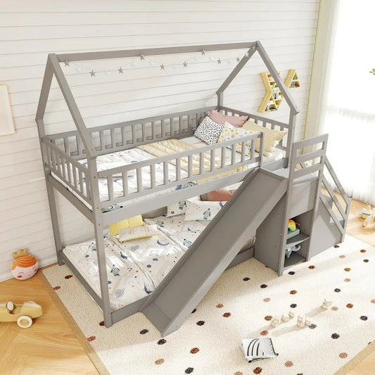 Bunk Bed Twin Over Twin with Slide & Stairs, Wood Bunk Bed with Storage Shelves, No Box Spring Needed, Twin Floor