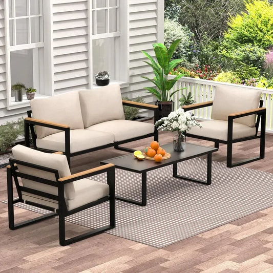 Patio Furniture Set, 4 Pieces Outdoor Patio Furniture with Coffee Table Set, Metal Patio Conversation Sets with Washable