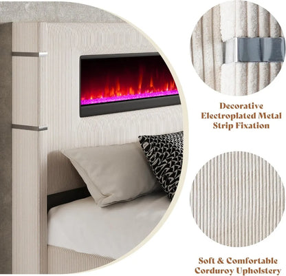 Modern Queen Size Bed Frame with Fireplace, Cream Wingback Platform Bed Frame with 60.4“ Extra Tall Headboard, Corduroy