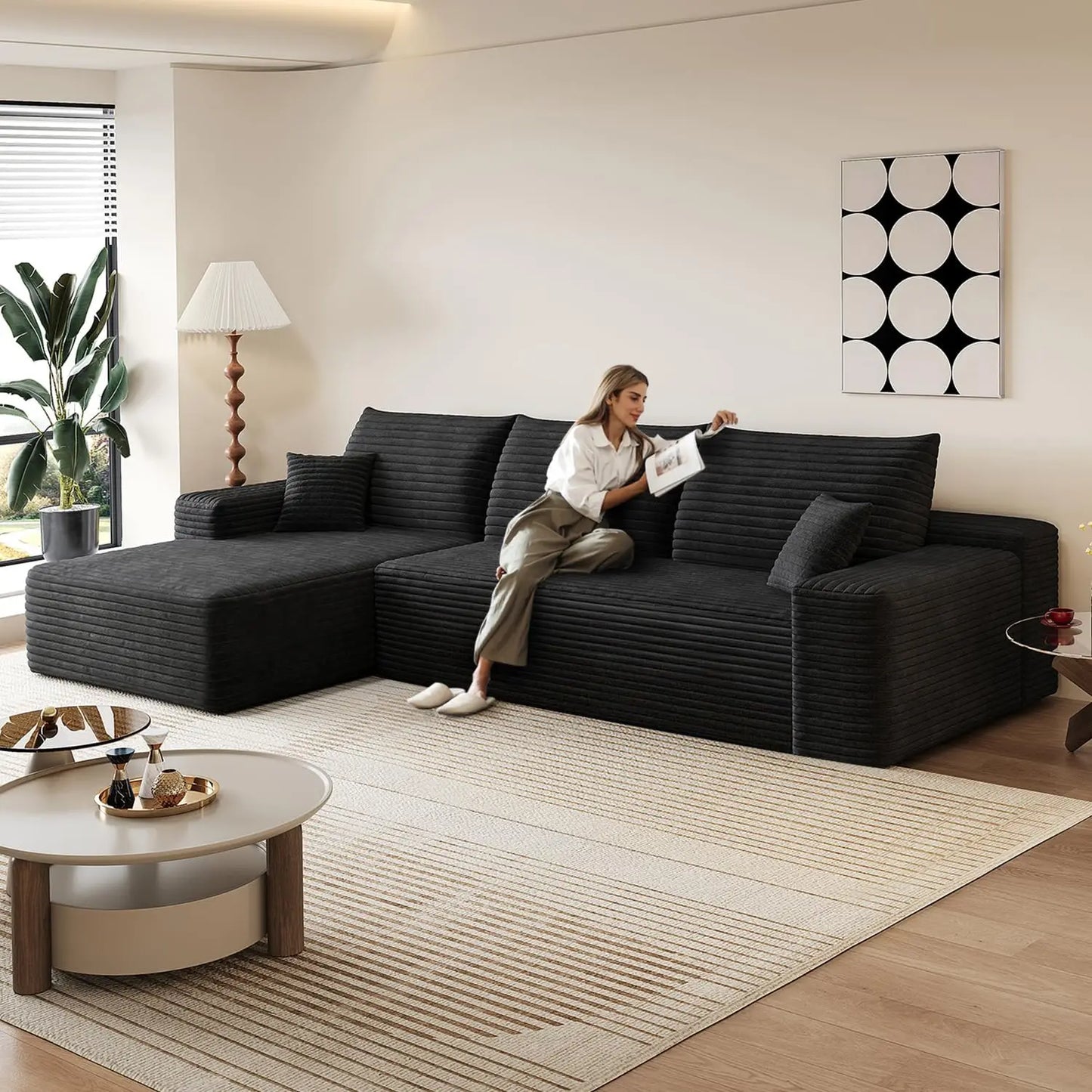 107.5" Boneless Corduroy Living Room Sofa – L-Shaped Cloud Sectional with Chaise, Modular Deep Seat & No Assembly