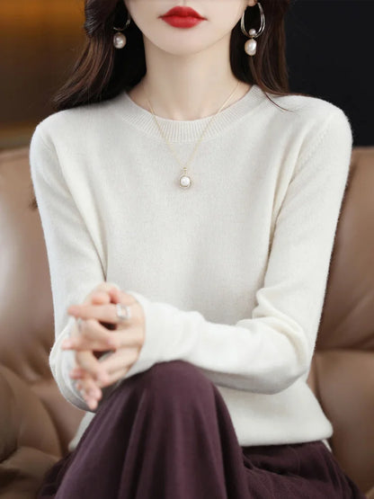 Fashion 100% Merino Wool Women's Sweater O-Neck Long Sleeve Pullover Spring Autumn Winter Basic Jumper Clothing Knitwear Tops