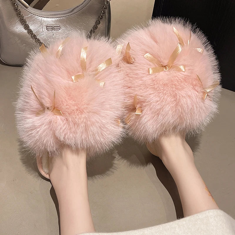 Sweet Bow Decor Fluffy Furry Slippers for Women Comfort Soft Home Plush Slides Shoes Woman Anti Slip Indoor Home Cotton Slipper