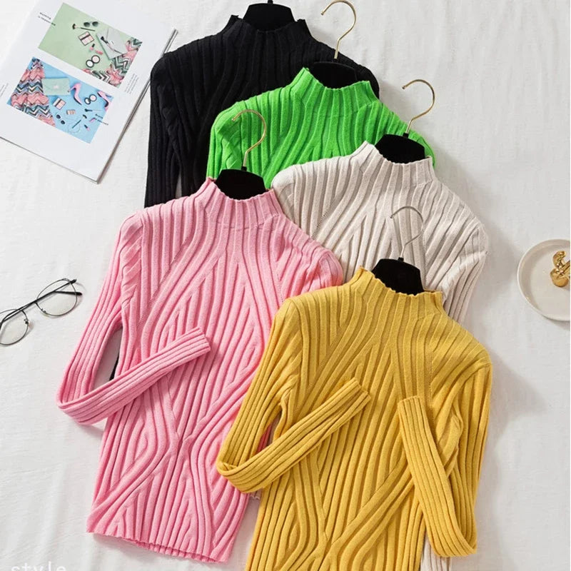 AOSSVIAO 2025 Knitted Women high neck Sweater Pullovers Turtleneck Autumn Winter Basic Women Sweaters Slim Fit Black Tops