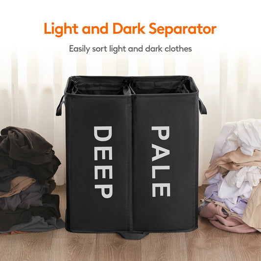 136L Double Laundry Hamper with Removable Bags, Collapsible 2-Section Basket with Lid & Handles for Home, Dorm, Laundry Room
