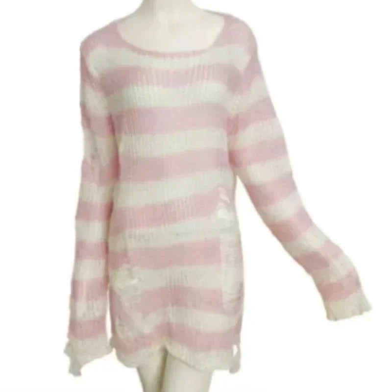 Autumn Punk Gothic Top Long  Unisex Sweater Women Striped Cool Hollow Out Hole Broken Jumper Loose Rock Thin Dark Streetwear