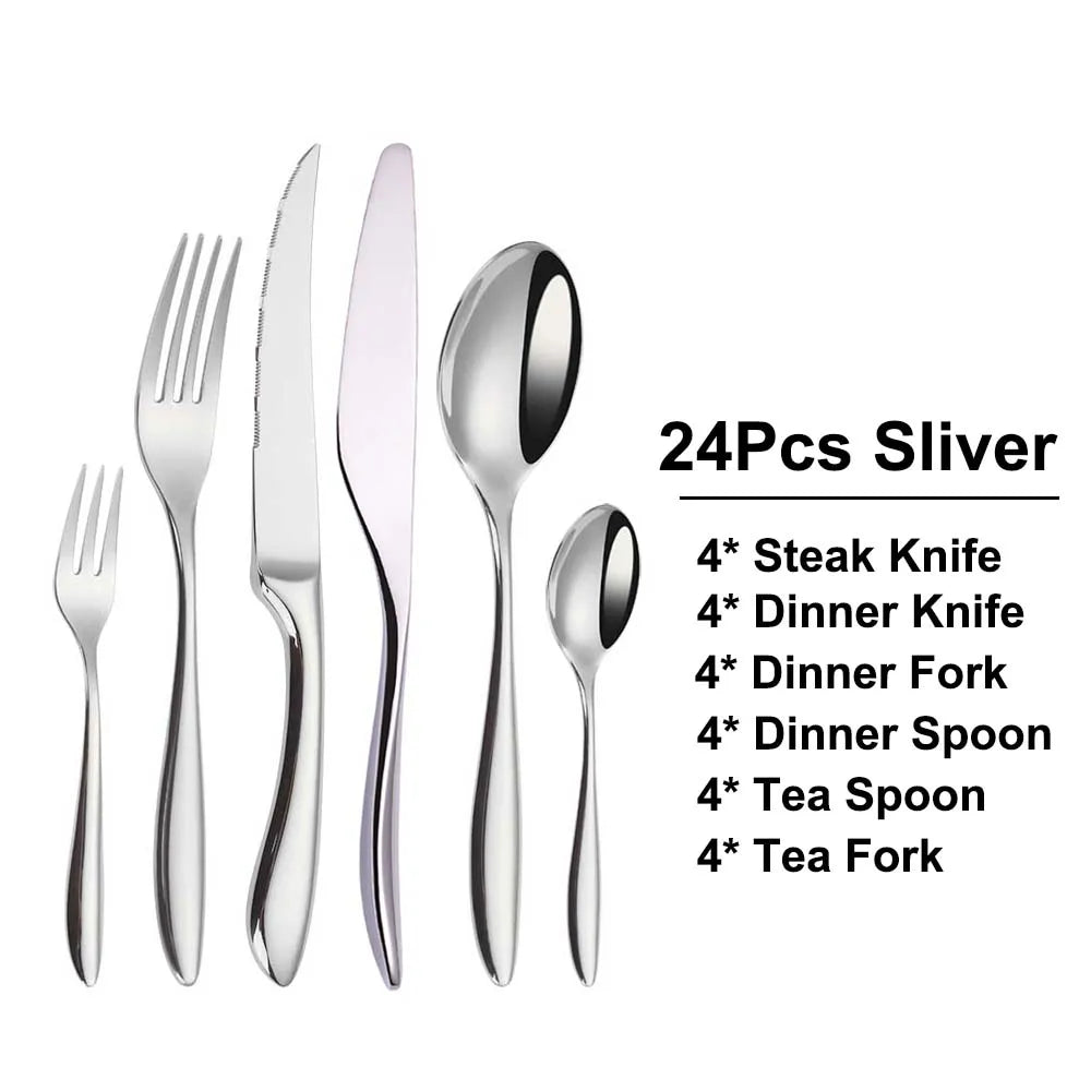 6/16/20/24Pcs Sliver Tableware Stainless Steel 304 Cutlery Set Mirror Knife Fork Spoon Western Dinner Set Smooth Handle Flatware