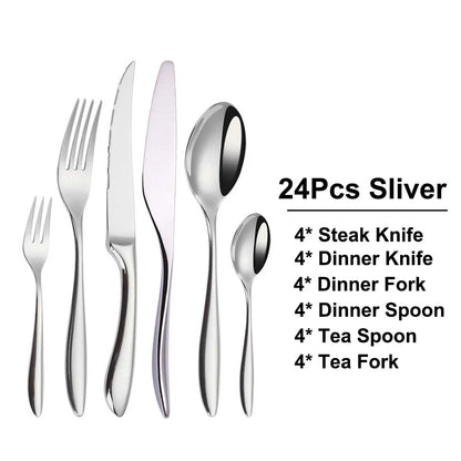 6/16/20/24Pcs Sliver Tableware Stainless Steel 304 Cutlery Set Mirror Knife Fork Spoon Western Dinner Set Smooth Handle Flatware