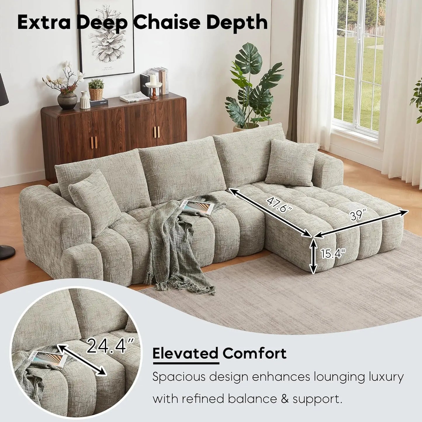 108” Cloud Modular Sectional Sofa Couch with Deep Seat, Modern L-Shaped Boneless Couch with Chaise, Comfy Chenille, Customized