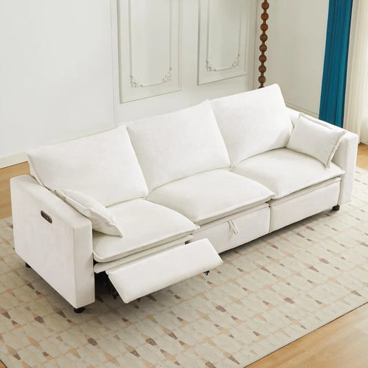 Oversized Power Reclining Sofa, Cream Cloud Chenille Recliner Couch with Adjustable Headrest, Pillows & Hidden Storage, Comforta