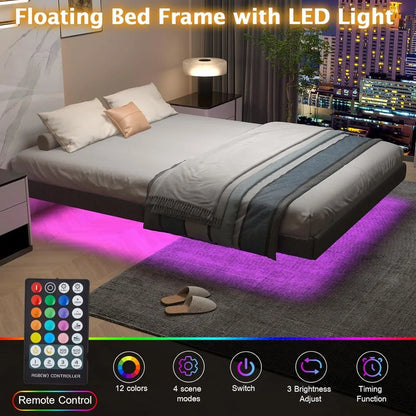 Floating Bed Frame Full with LED Lights, Metal Platform Full size Floating Bed Frame with Under Bed Storage, Heavy Duty Steel