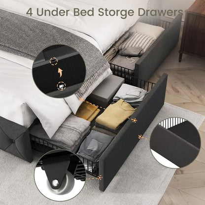 Full Size Bed Frame with 4 Storage Drawers and Wingback Headboard Linen Upholstered Platform Bed Frame Tufted Beds with Wooden S