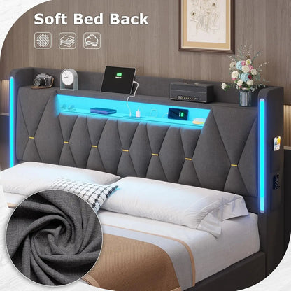 LED King Bed Frame with Charging Station, Hidden Storage & Upholstered Headboard, Dark Gray Linen