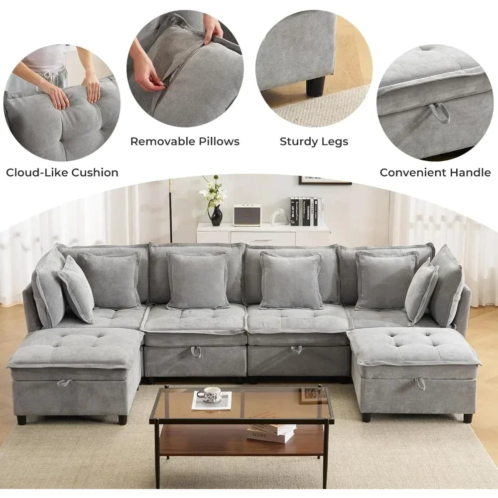 133" U-Shaped Modern Sofa,Modular Sectional Cloud Couch with 2 Ottoman, Oversized Modular Sectional Sofa with Storage Customized