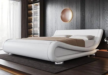 Allewie Queen Size Bed Frame with Ergonomic & Adjustable Headboard, Low Profile Modern Upholstered Platform Sleigh Design - Easy