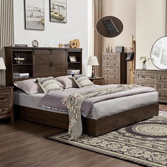 VanAcc Queen Size Bed Frame, Wooden Platform Storage Bed with 51.2" Bookcase Headboard, 2 Drawers, Charging Station/No Box Sprin