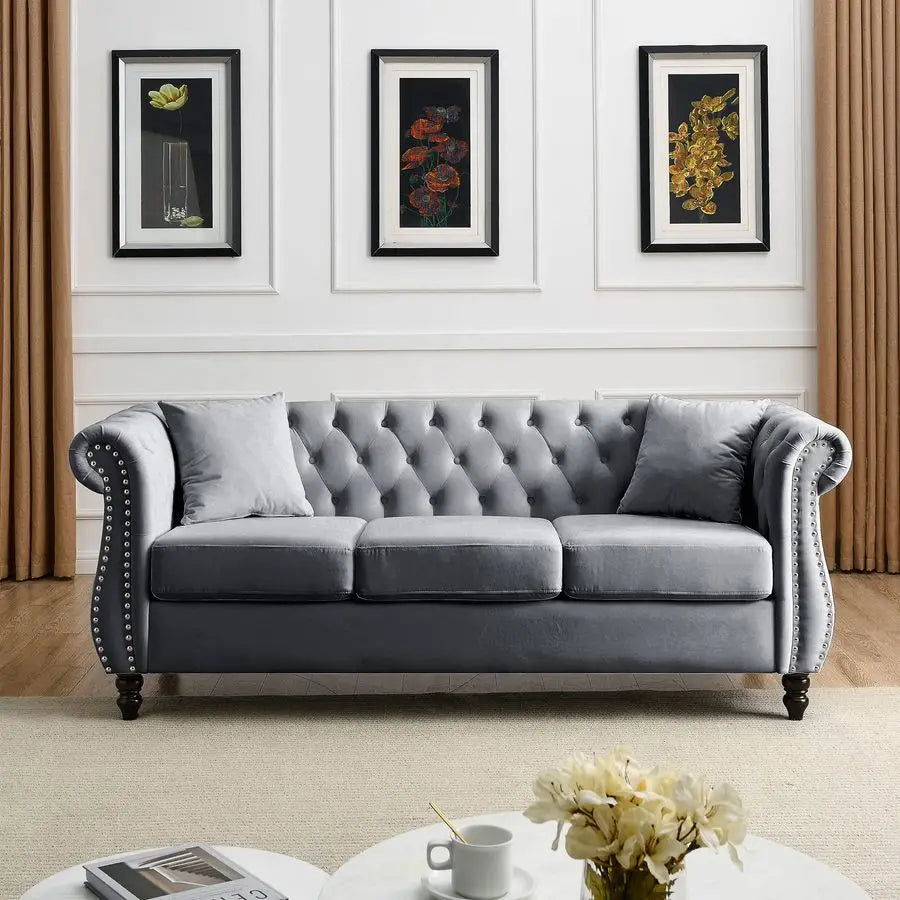 Chesterfield Sofa, Retro Style Upholstered 3 Seater Velvet Couch with Rolled Arm for Living Room Bedroom Office Apartment, Grey