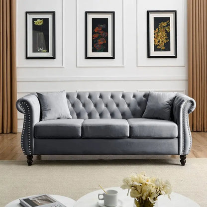 Chesterfield Sofa, Retro Style Upholstered 3 Seater Velvet Couch with Rolled Arm for Living Room Bedroom Office Apartment, Grey