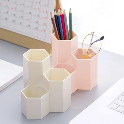 Simple Large Capacity Hexagonal Desktop Organizer Pen Container Holder Storage Pencil Cup 3 Slot Stand School Office Supplies