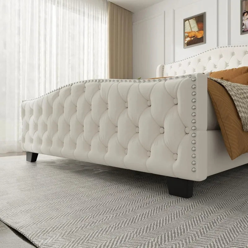 Platform Bed Frame with 51-inch Tall Camelback Headboard & Wingback, Deep Button Tufted Footboard with Nailhead Trim,