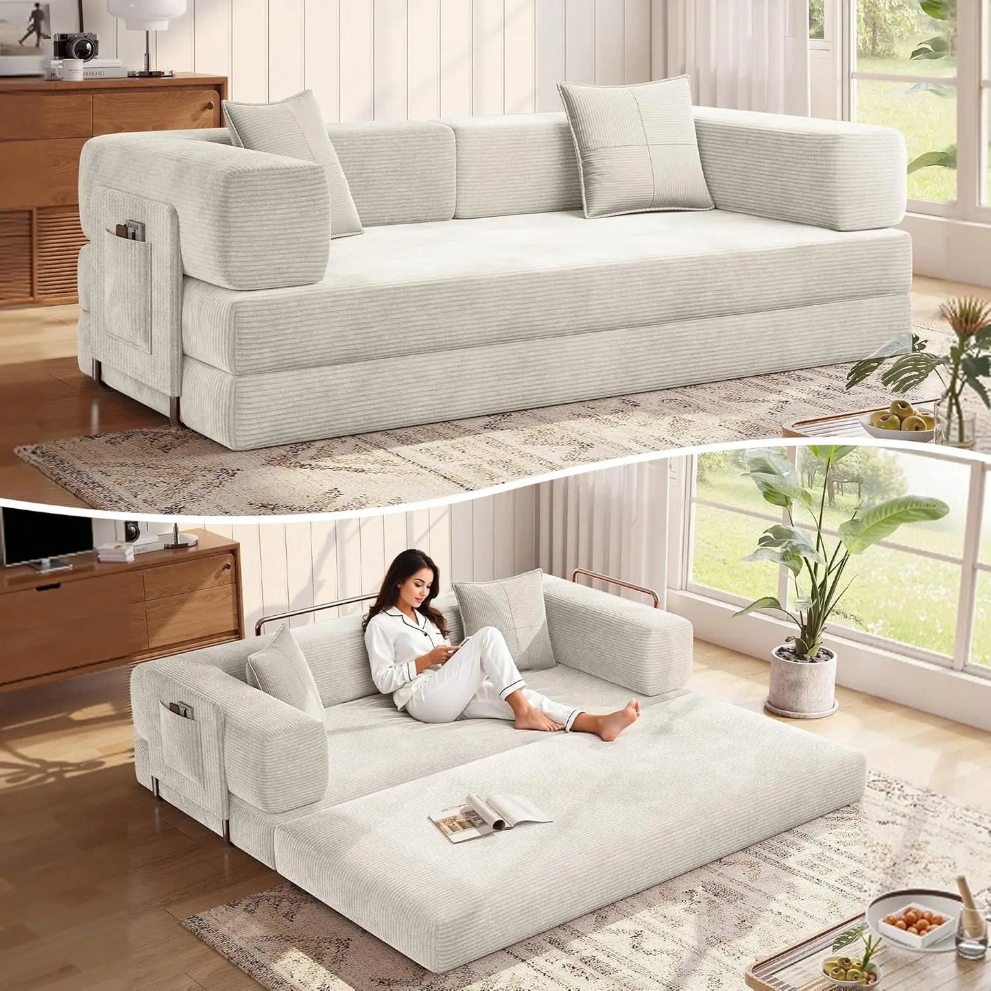 78.8''Sleeper Couch Bed for Livingroom，Convertible Modular Sofa with Armrest Pillow，Modular Fldable Corduroy, Customized