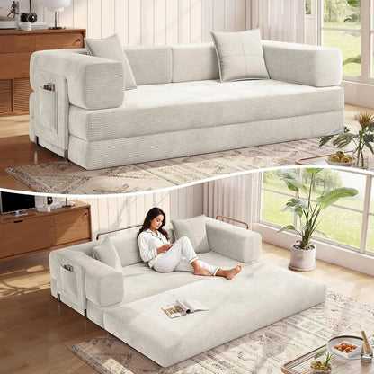 78.8''Sleeper Couch Bed for Livingroom，Convertible Modular Sofa with Armrest Pillow，Modular Fldable Corduroy, Customized