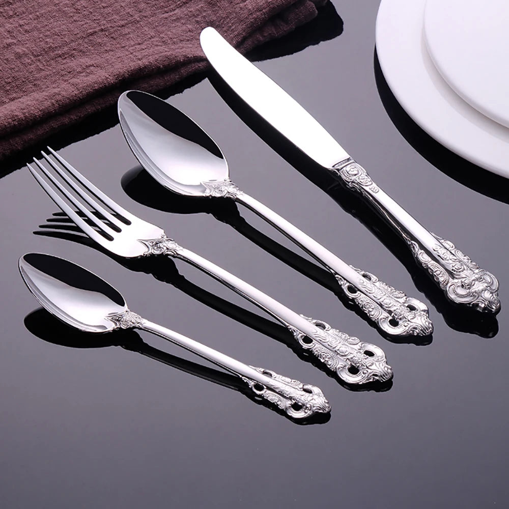 Vintage Western Stainless Steel Cutlery Set Luxury Tableware Wedding Engraving Dinnerware Knife Fork Spoon Sliverware 1 Pcs