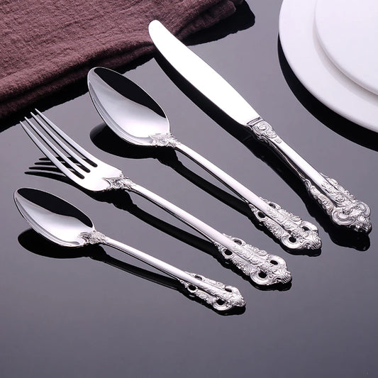 Vintage Western Stainless Steel Cutlery Set Luxury Tableware Wedding Engraving Dinnerware Knife Fork Spoon Sliverware 1 Pcs