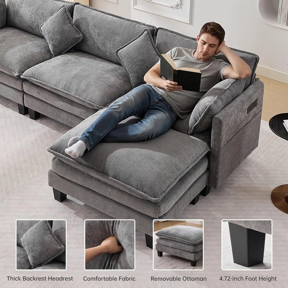 108" Modular Sectional Sofa with Ottoman, L-Shaped Cloud Couch, USB Charging Ports, Deep Seat Chenille Fabric, Dark Grey