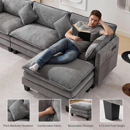 108" Modular Sectional Sofa with Ottoman, L-Shaped Cloud Couch, USB Charging Ports, Deep Seat Chenille Fabric, Dark Grey